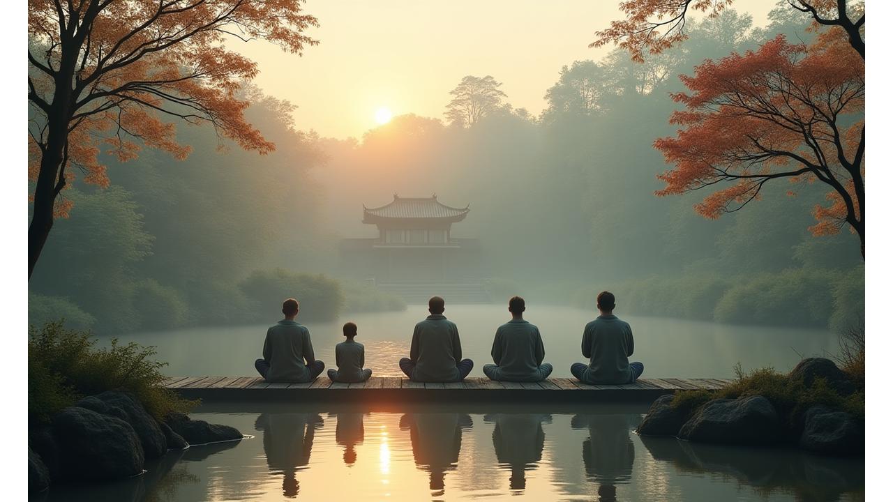 京都禅リトリートの風景:朝霧の中の庭園で瞑想するグループ