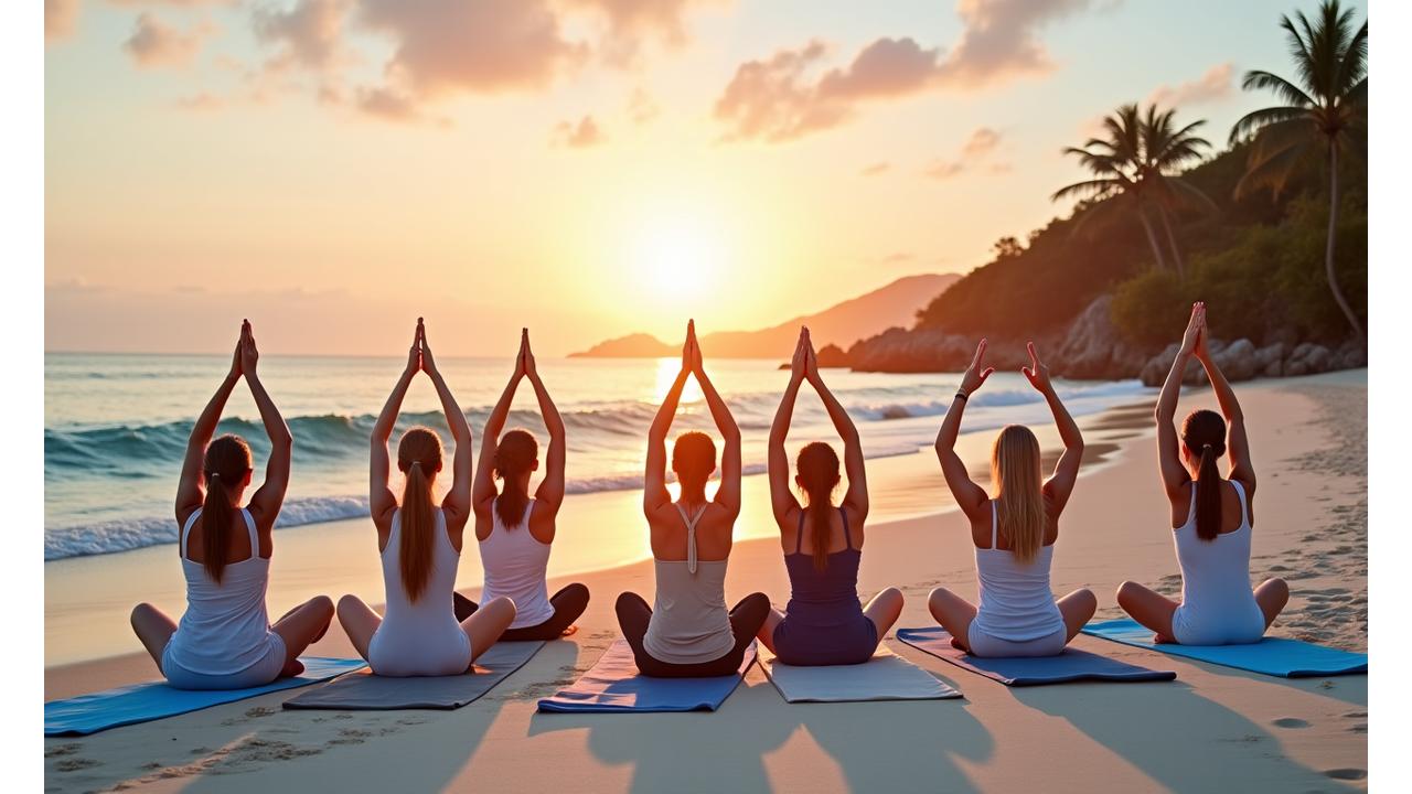 沖縄ビーチリトリート:夕焼けのビーチでヨガをする人々